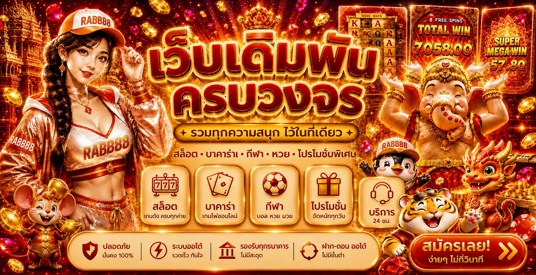 แบนเนอร์ RABB88 รวมช่องทางสล็อต คาสิโน กีฬา และบริการบัญชี